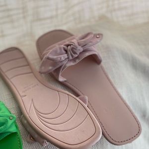 Kate Spade “Bikini Bow” Slide Sandal (Pink + White)